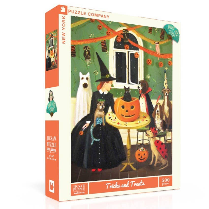 Happy Halloween! This festive scene captures Miss Moon at a Halloween house party where her dogs in costume steal the show, and a surprise guest—a black cat popping out of a jack-o-lantern —adds an extra layer of "how did I get here?" With its vibrant details and charmingly spooky atmosphere, this puzzle 500 piece puzzle, "Tricks & Treats" by the talented Janet Hill promises a delightful challenge for all ages.
Details:
From Wise Words From A Dog Governess by Janet Hill
500 Piece Jigsaw Puzzle
Finishe