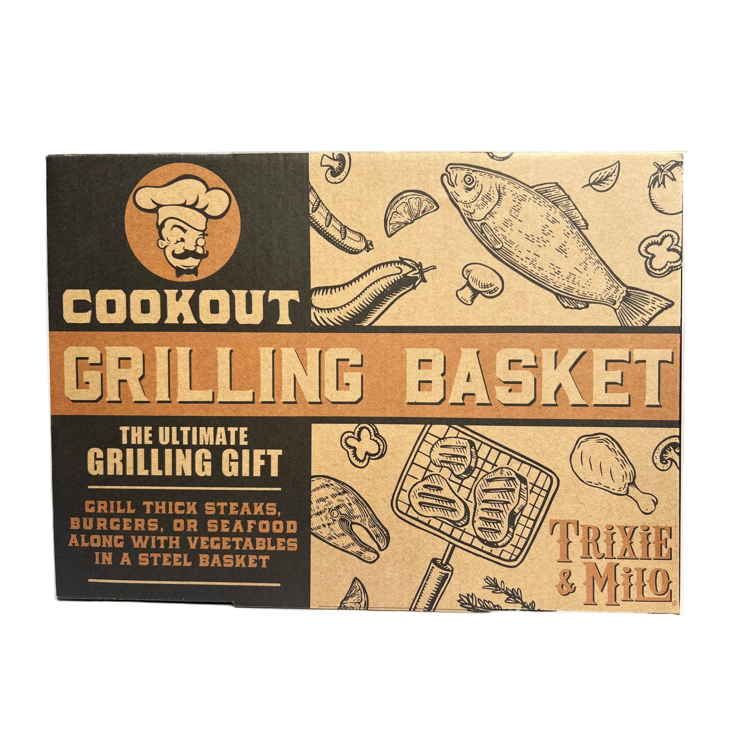 Cookout Grilling Basket packaging with illustrations of food items and branding.
