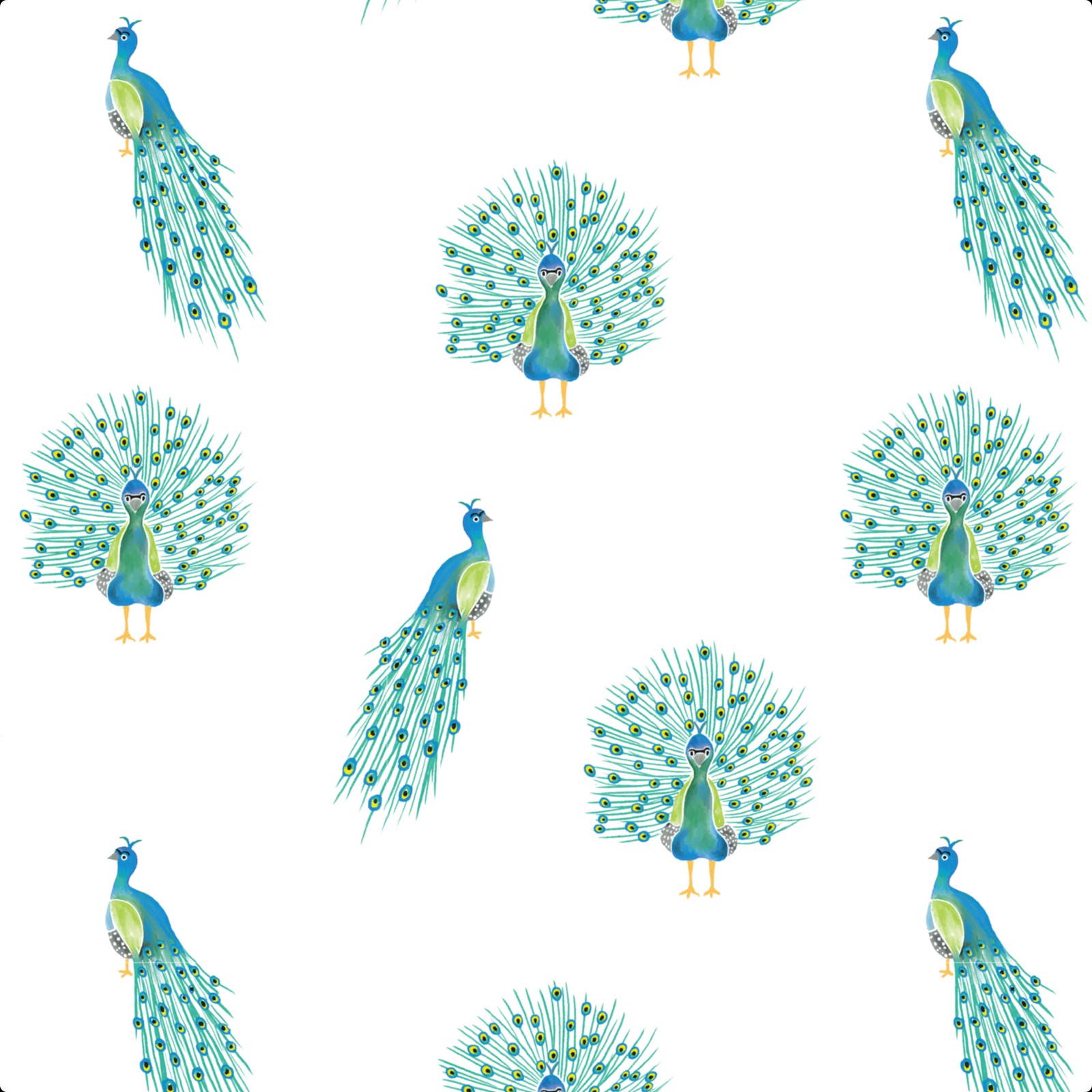 Pattern of peacocks with open tails on a white background