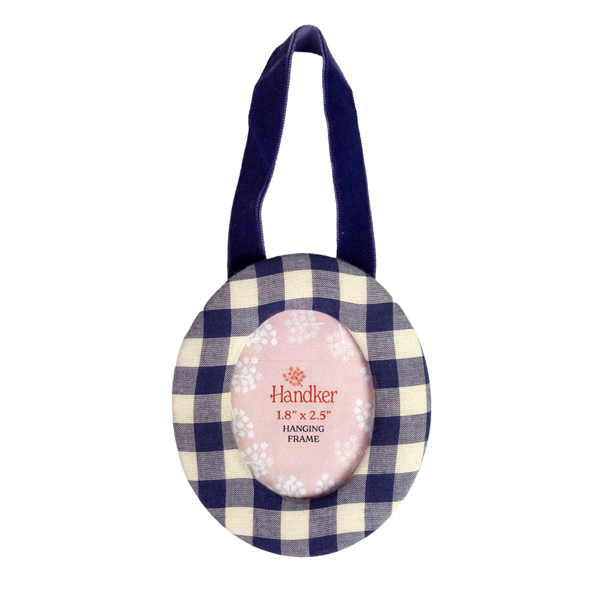 A round hanging picture frame with a navy blue and cream gingham border, a pink center, and a dark blue hanging strap. The brand name 'Handker' is visible on the pink center.