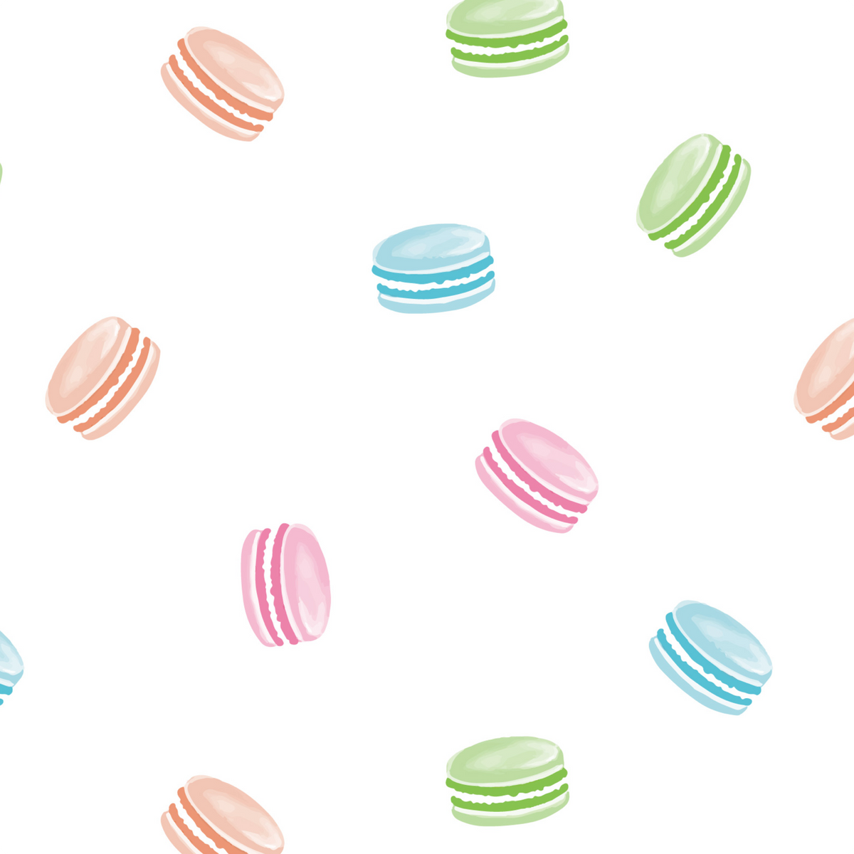 A repeating pattern of pastel macarons in pink, blue, green, and peach on a white background.