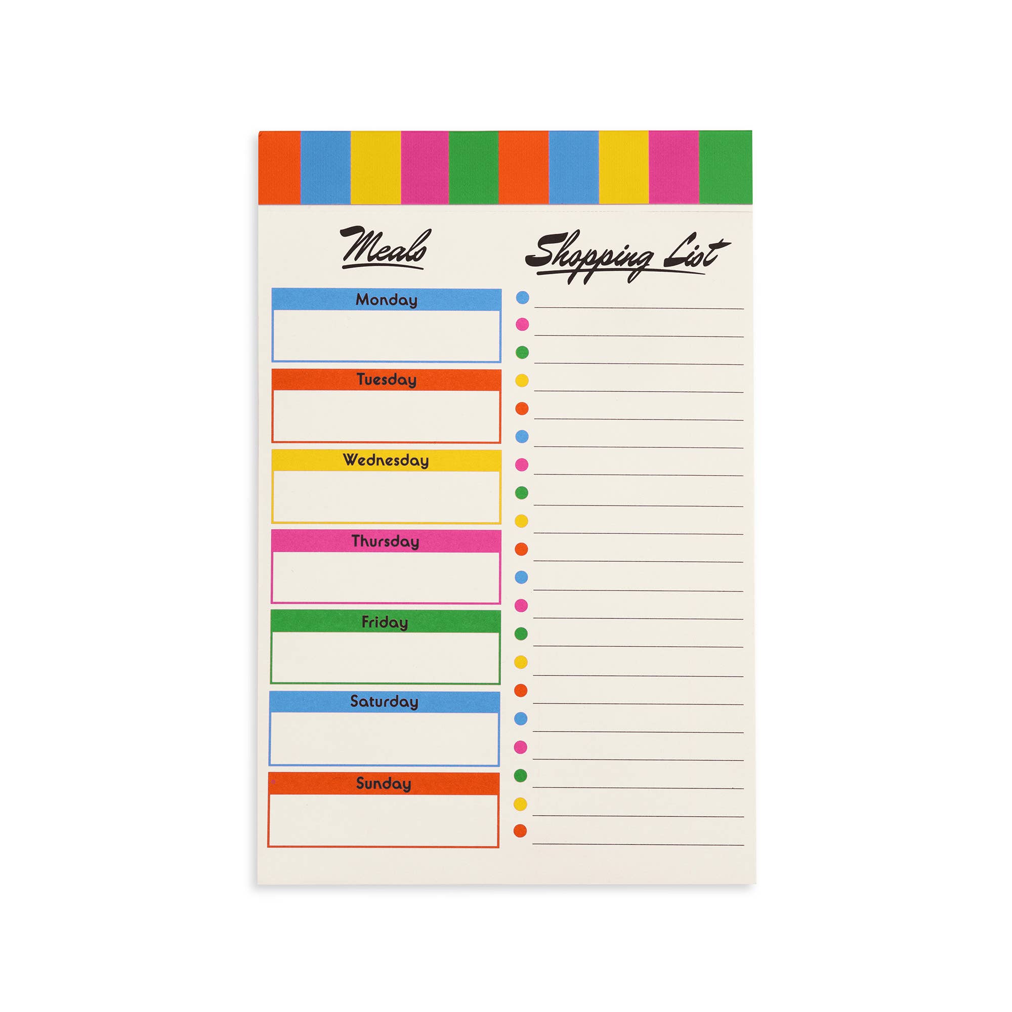 Weekly meal and shopping list pad with colorful labels on a white background