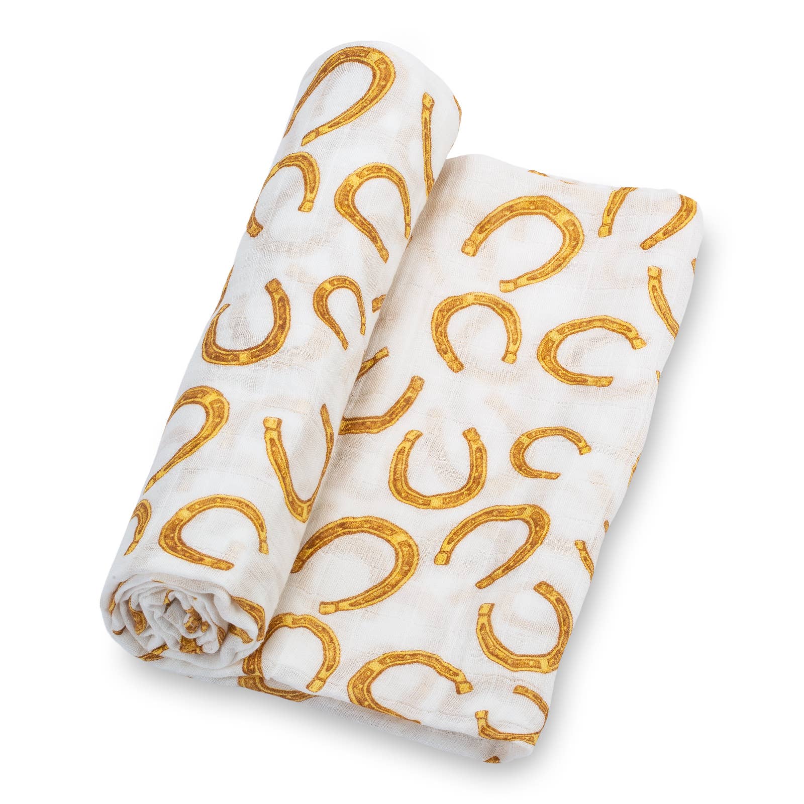 Rolled-up baby blanket with gold horseshoe pattern on a white background