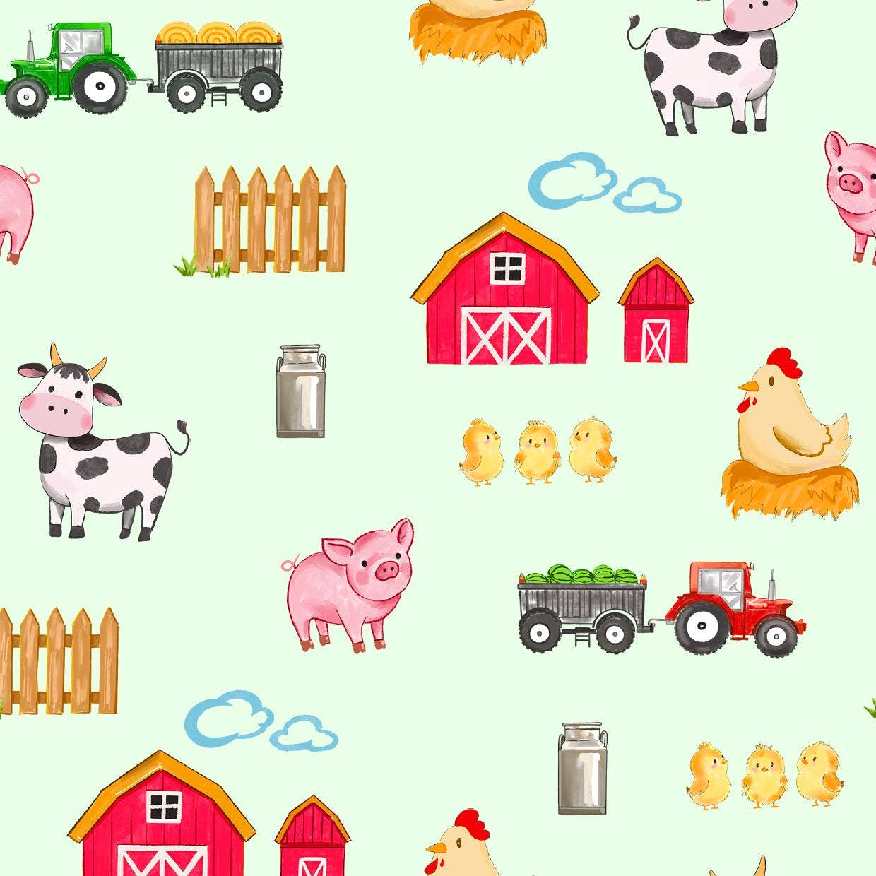 Pattern of farm animals, barns, and vehicles on a light green background