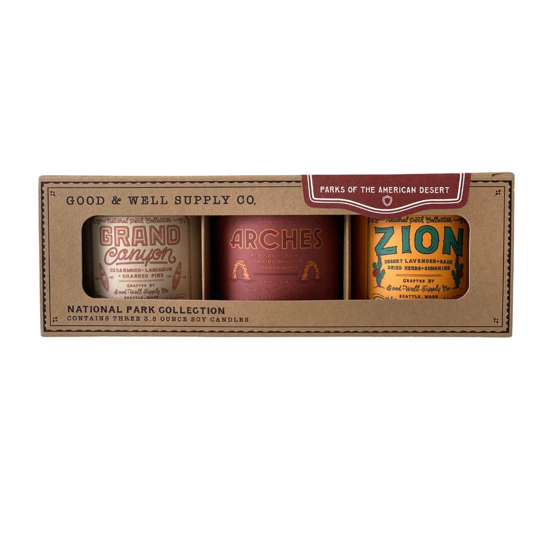 A boxed candle collection from Good & Well Supply Co. labeled 'National Park Collection' with three visible candles inside a brown kraft cardboard tray.