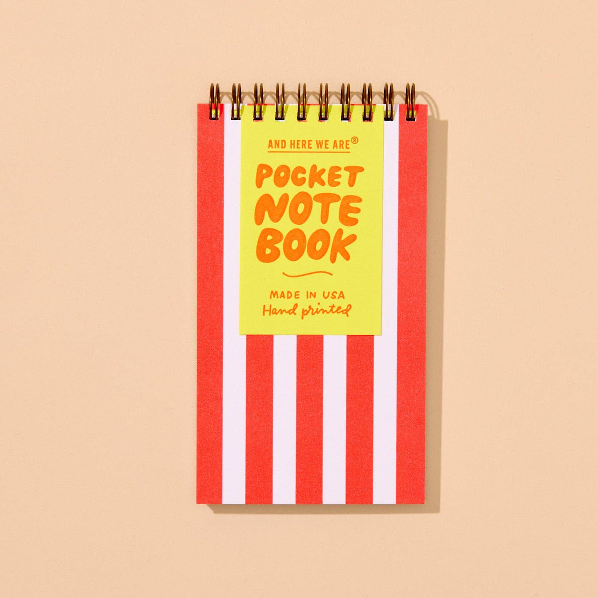 This versatile little letterpress notebook, hand-printed with bold neon red stripes in a perfect, portable pocket-size size for everyday notes and lists, with 60 lined pages. Whether you see a beach towel, a popcorn box, or a candy cane... this one fits into every season. Handmade in Columbus, Ohio.
Details:
Small pocket size letterpress printed spiral notebook
3.5" x 6" size fits in your pocket or purse