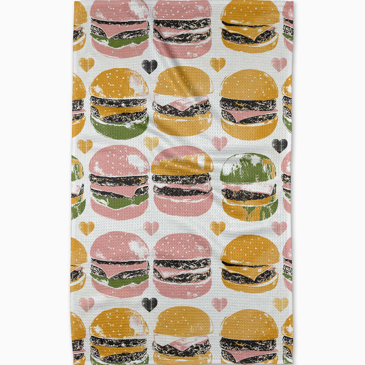Patterned towel with cartoon hamburgers and hearts on a white background