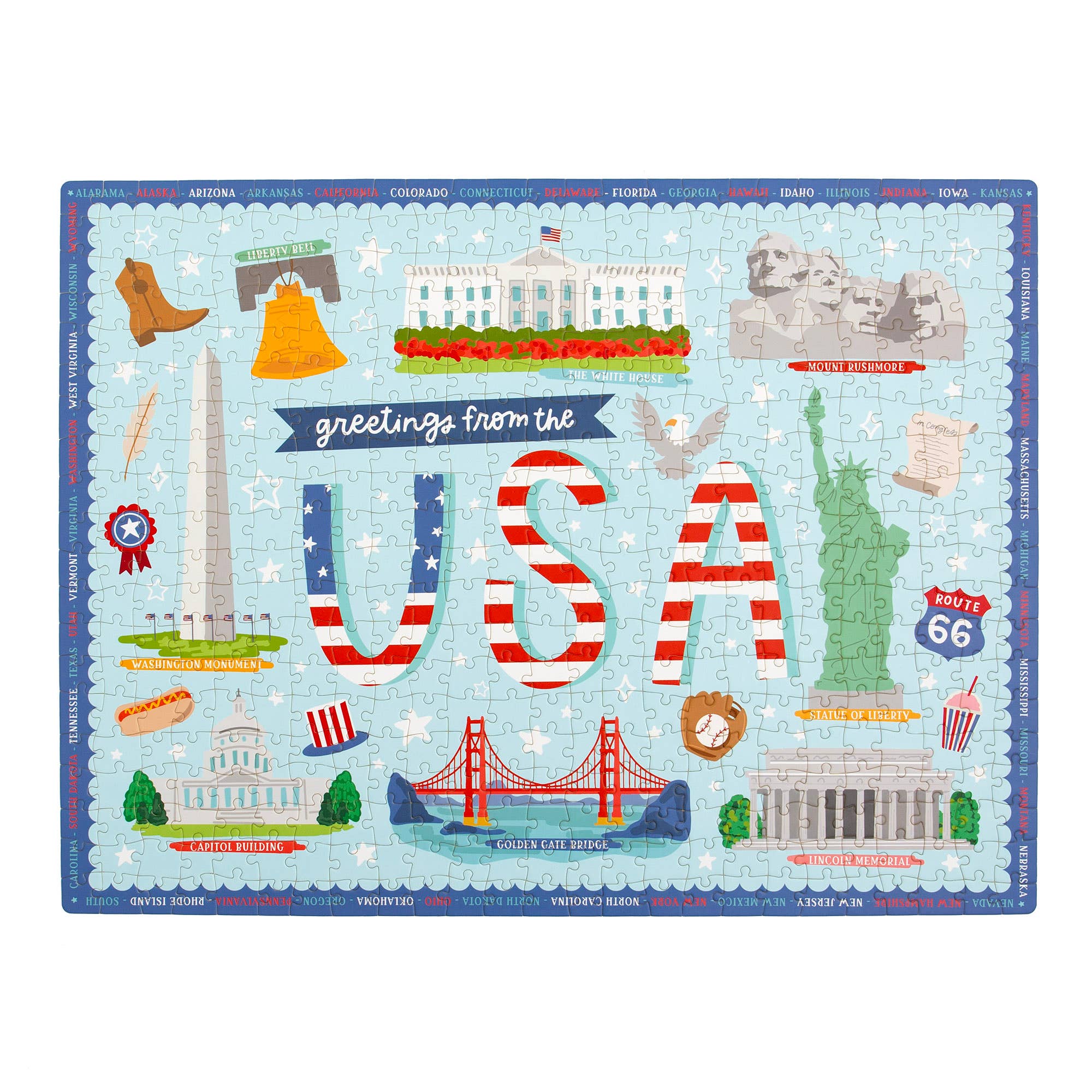 Piece together the essence of the USA with our Greetings from the USA 500 Piece Jigsaw Puzzle. Featuring hand-drawn illustrations, this puzzle is a fantastic way to celebrate the diverse and iconic landmarks across the country. Ideal for patriots, teachers, adults and kids, everyone will love piecing together American landmarks such as the White House, Mount Rushmore, Liberty Bell, the Washington Monument, the Statue of Liberty, the Golden gate Bridge, and more! 