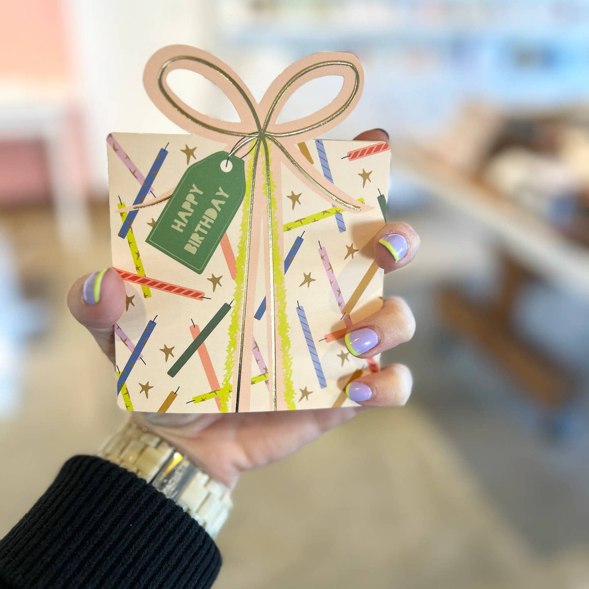 A fun and colorful die-cut folded greeting card and coordinating envelope to wish a very Happy Birthday!
4.25 x 5.5 inches when folded
Gold foil accents
Blank interior
