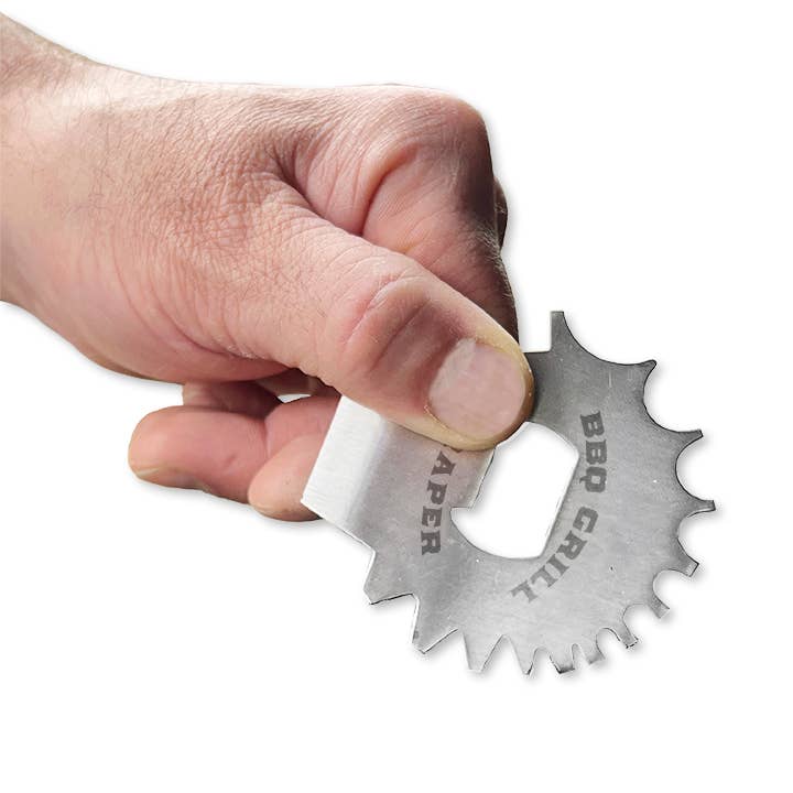Metal BBQ crimp tool being used on a white background