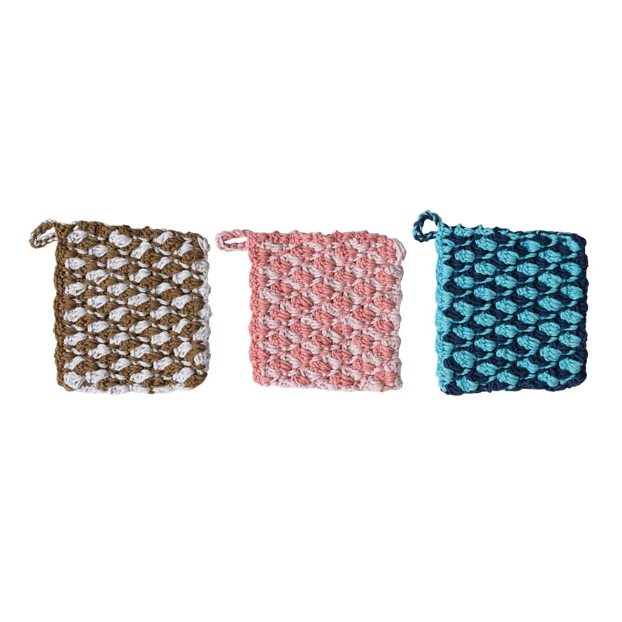 Get cooking with these colorful Hand-Woven Cotton Crocheted Pot Holders! Made with durable cotton, they'll protect your hands while adding a touch of style to your kitchen. Choose from 3 vibrant colors to brighten up your cooking experience. 
