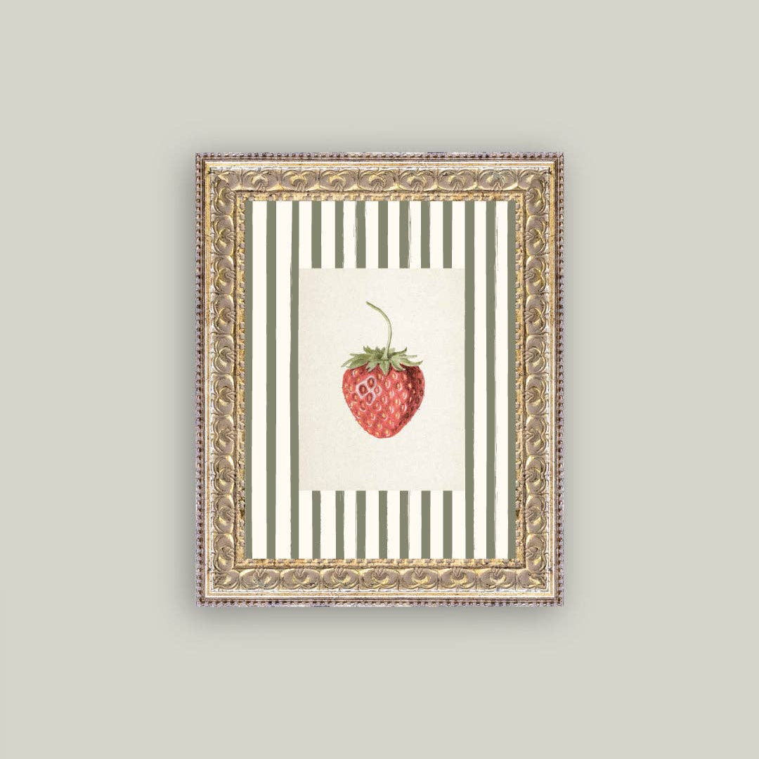 Bring timeless elegance into your home with this charming Strawberries on Stripes framed antique art. Printed on premium canvas fabric, this 8"x10" piece captures the warmth of vintage botanical design with a soft, textured finish that feels authentic and inviting. The handcrafted ornate frame adds classic character to any room, while the glass-free design keeps the artwork lightweight and lets the canvas texture shine through beautifully. Hanging hardware and paper backing are included.
