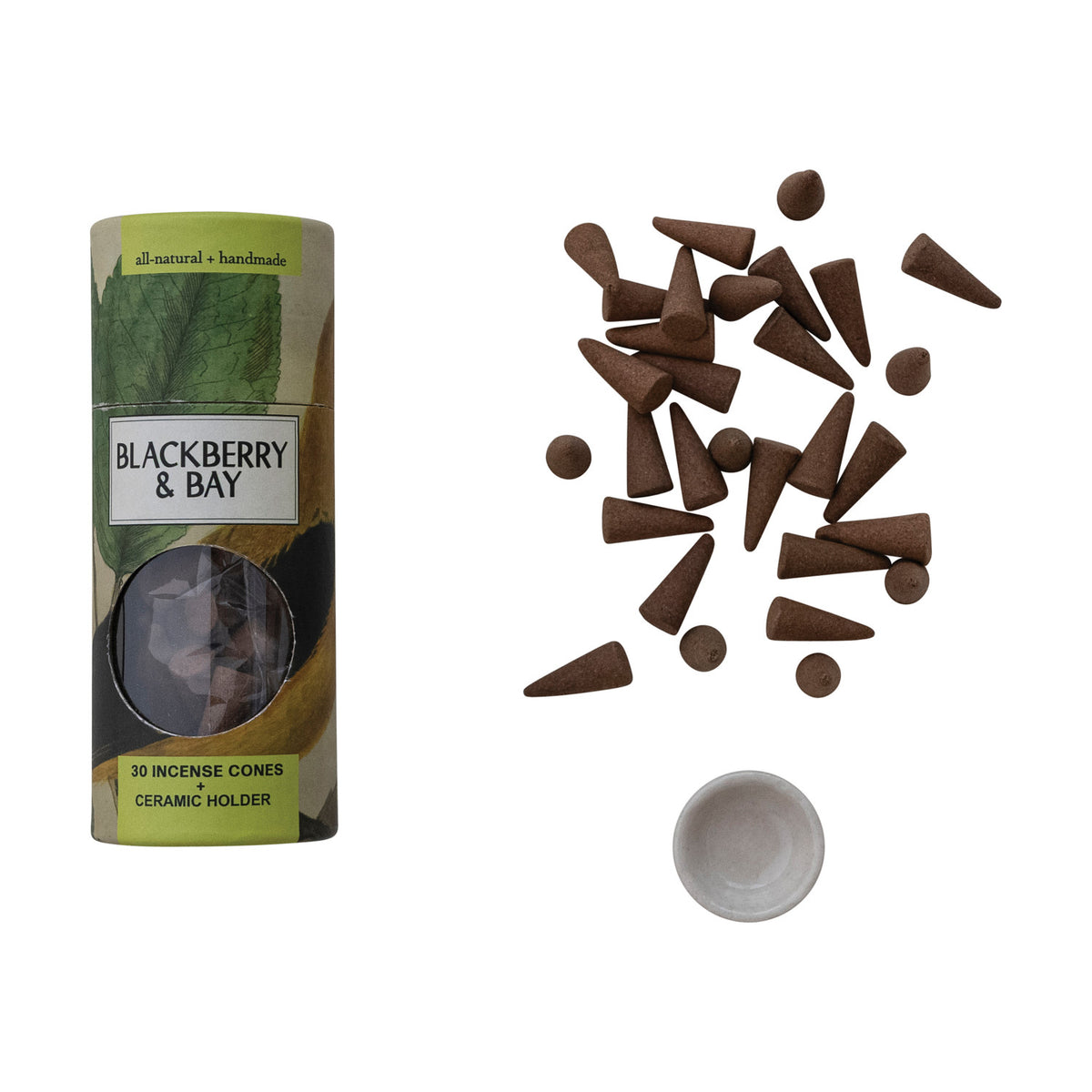 30 Piece Blackberry & Bay Scented Incense Cones with Ceramic Incense Holder, Set of 31
