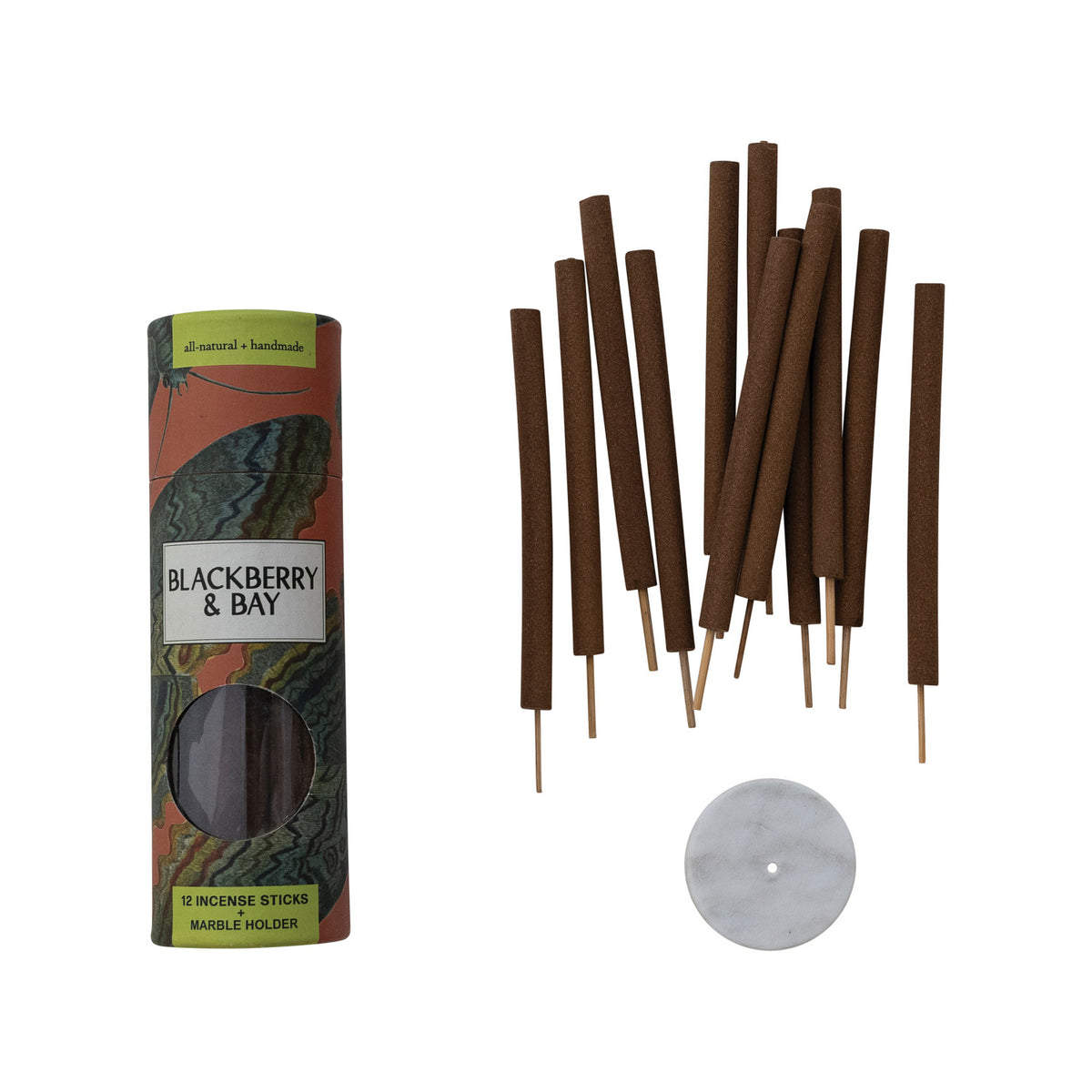 12 Piece Blackberry & Bay Scented Thick Incense Sticks with Marble Incense Holder, Set of 13