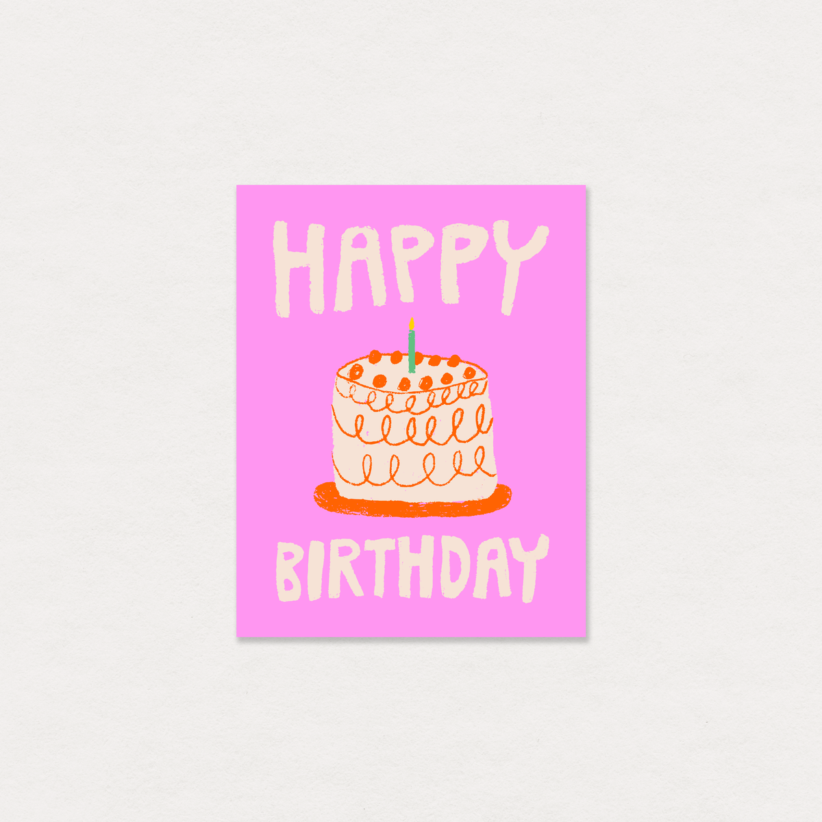 Happy Birthday card with a cake illustration on a pink background