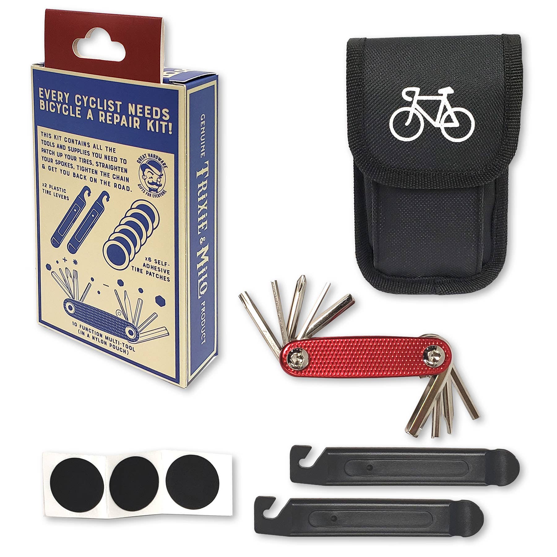 Bicycle repair kit with tools, box, and pouch on a white background