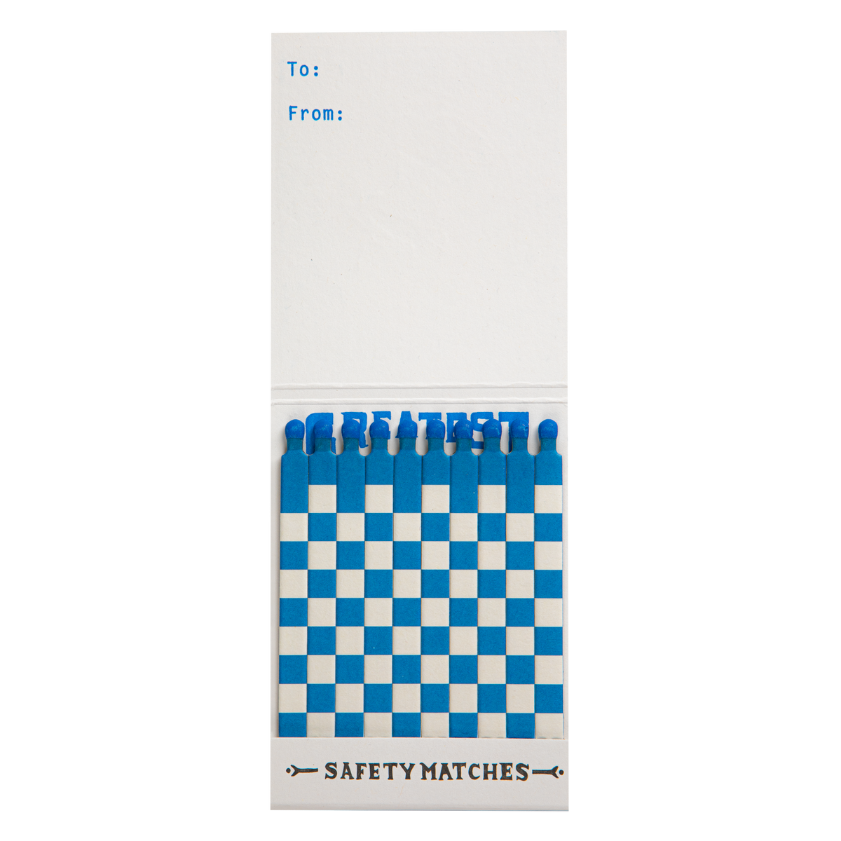 A novelty matchbook-style safety match pack with a white cover and a blue-and-white checkerboard design. The matches are blue and shaped like chess pieces, with the word "GREATEST" printed across the top.