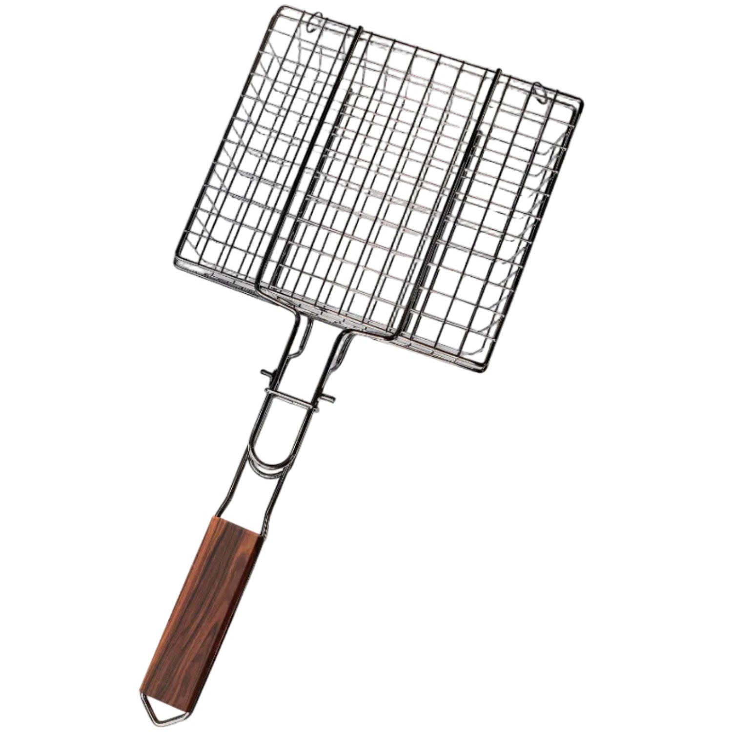 Metal grill basket with wooden handle on a white background