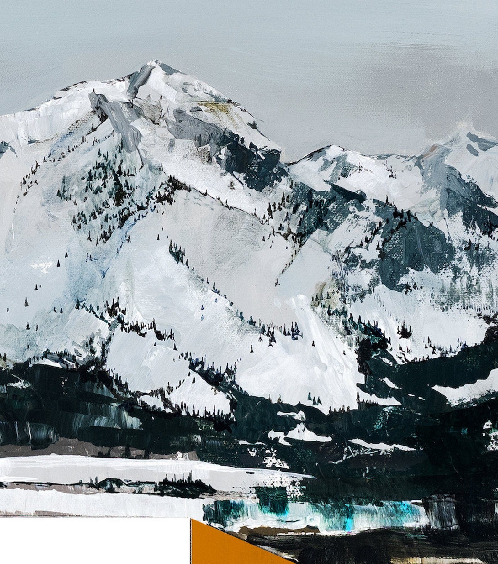 rough and frigid mountains rise up, with a deep teal and almost black landscape covers the bottom.