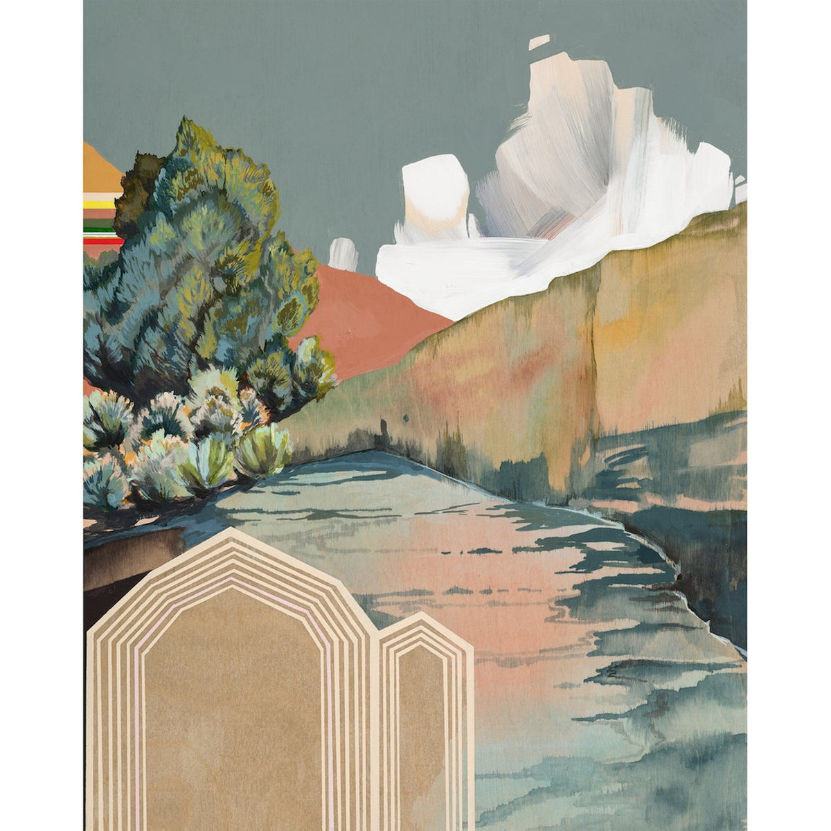 rough creamy brushstrokes of color make up sage brush, clouds, and hills. Arches reside a the bottom in cozy beige.