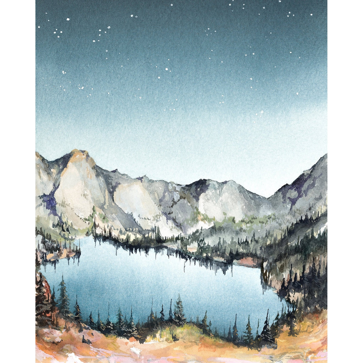 starry sky and rough mountains rise up and surround serene lake and forest scene.