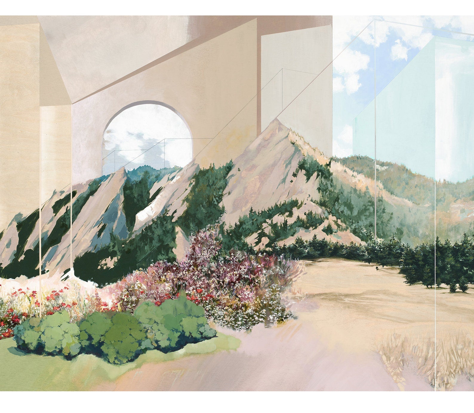 rough mountain range in warm beiges and greens. Shrubs in the forefront with architectural elements.