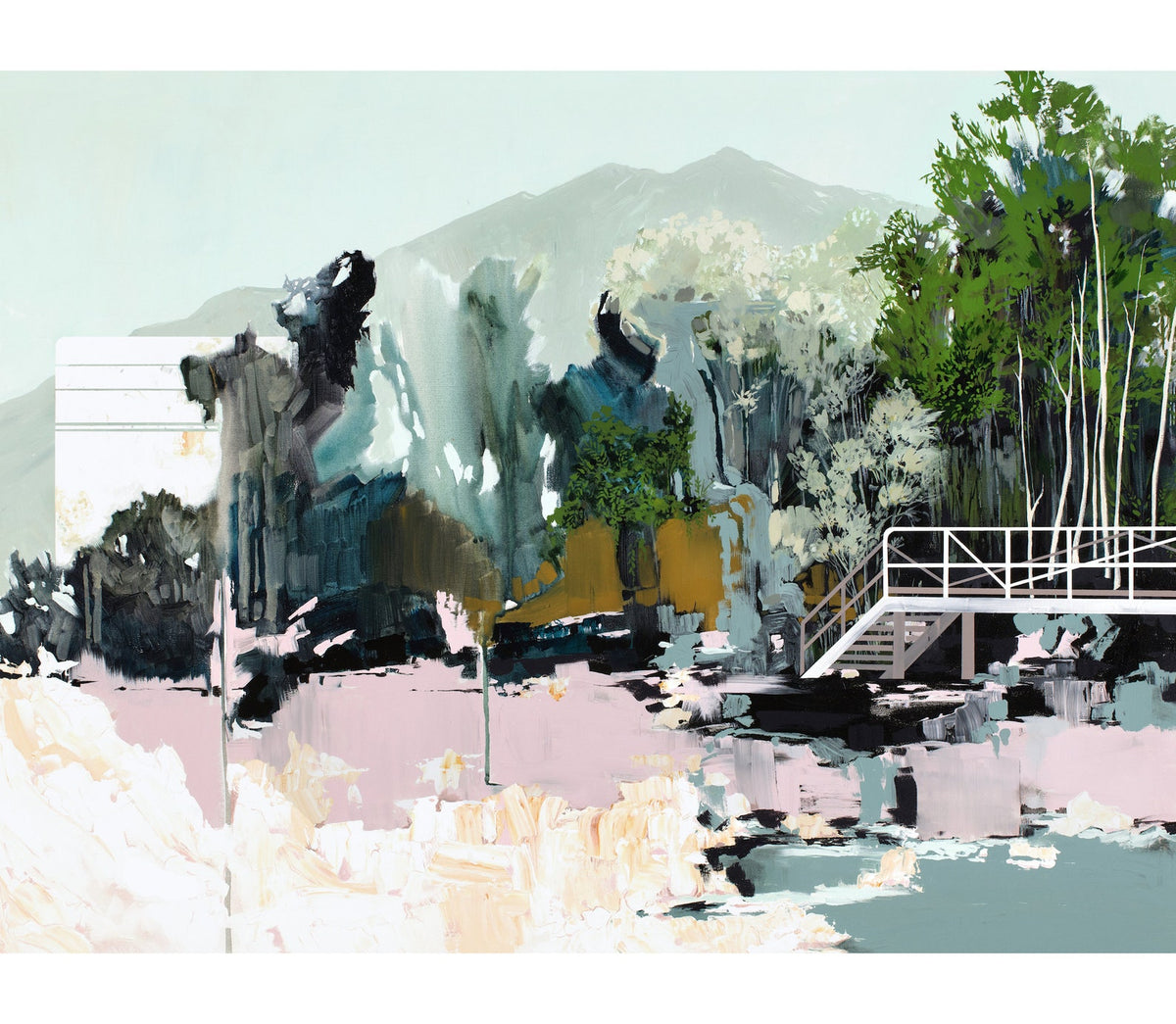 landscape done warm and blue greens, areas lightly smeared to give a warped impression.