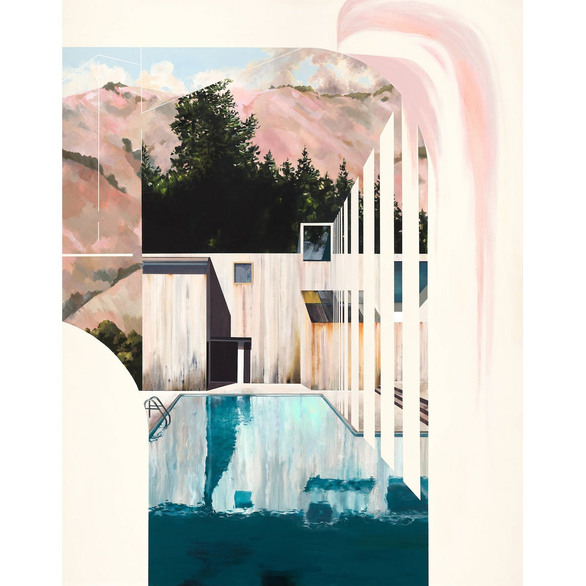 deep blue pool, beige cement wall,s and pinky try mountains.
