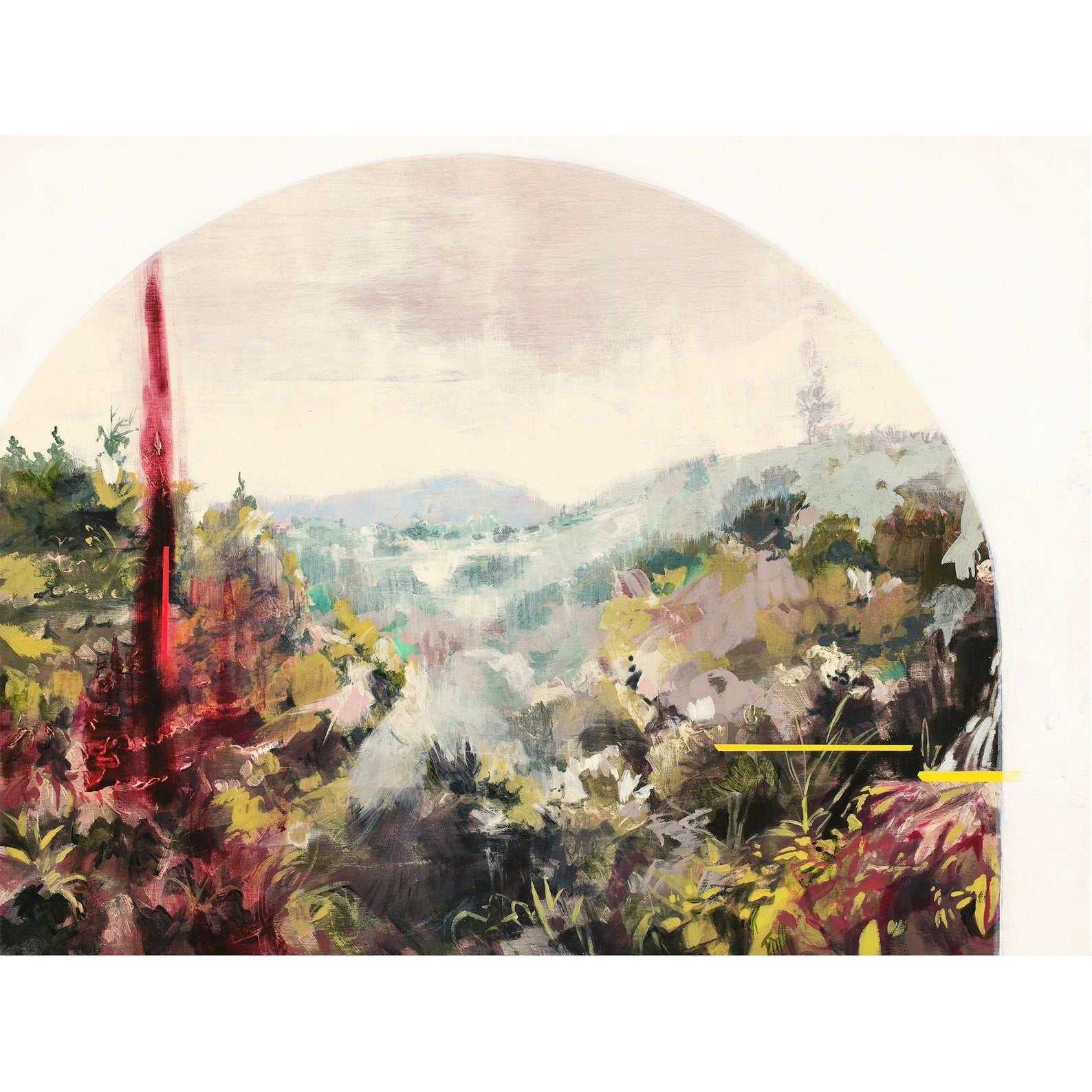 arch shaped landscape done in olive and sage greens with pops of red and yellow.