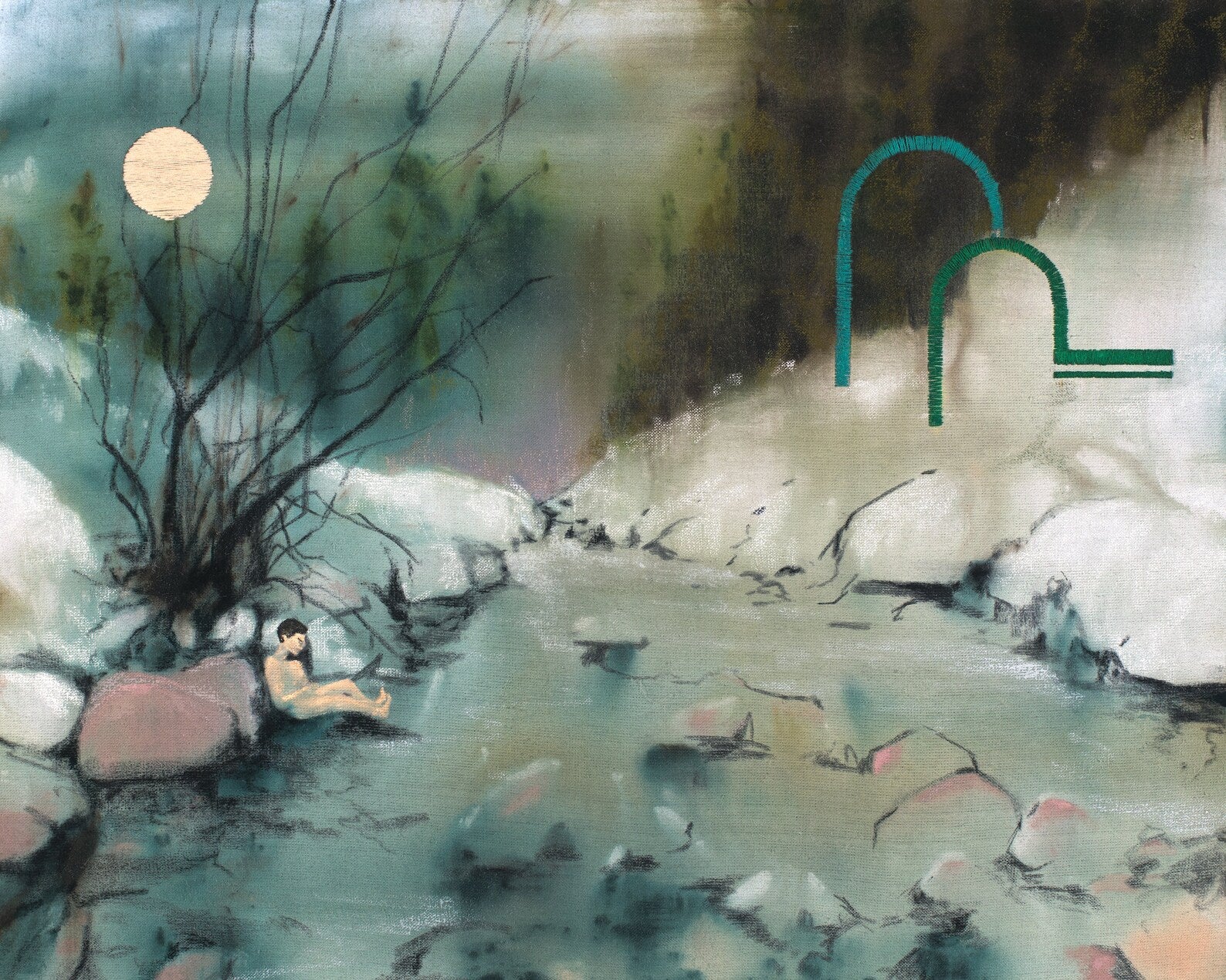 print of a barren rock bed done in ghostly shades of blue grey and brown. Tiny naked figure reclines against a rock, with a pale moon in the sky. Textile embroidery pops in arches.