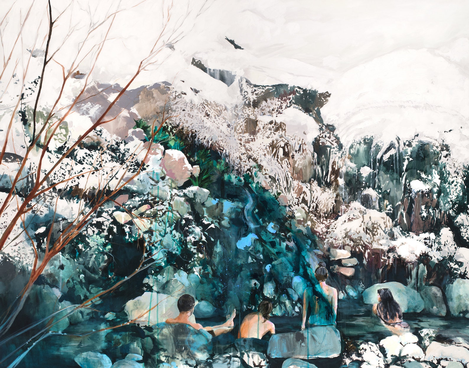 abstract art depicting a rough landscape with people swimming in a pool. Done in brilliant whites, deep blues, and grey.