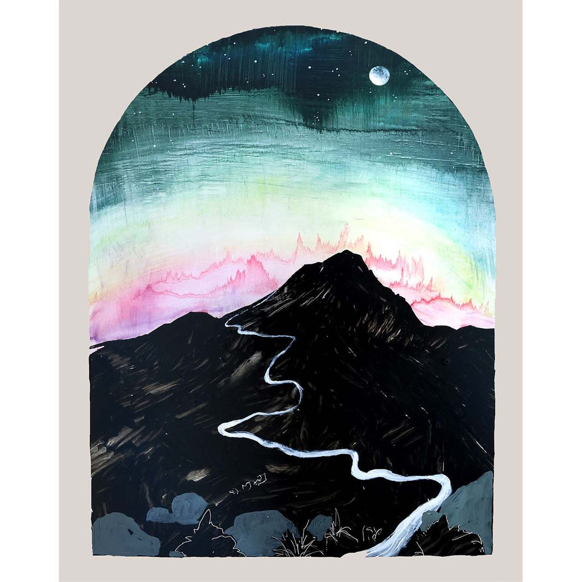 rectangle print of painting in a arch shape. Dark mountains with a silver weaving path, against a pastel neon halo.