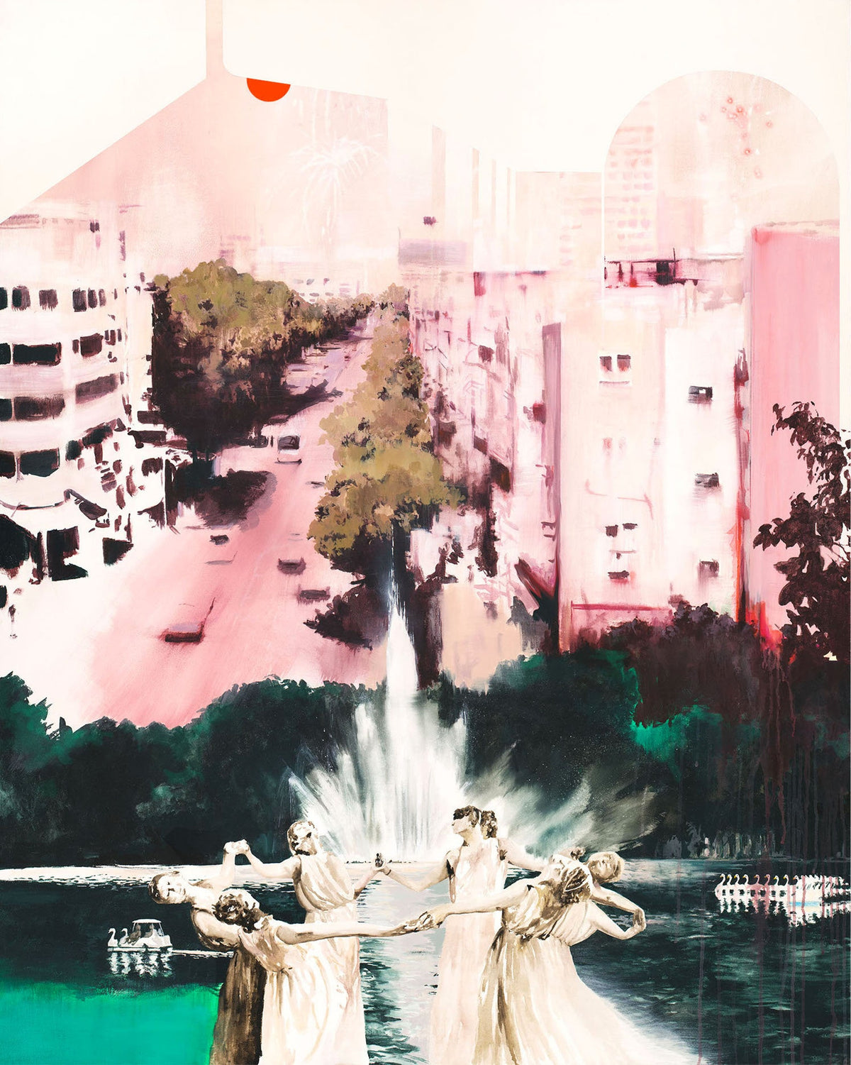 city scape done in pinks with a deep teal lake with dancing statues.