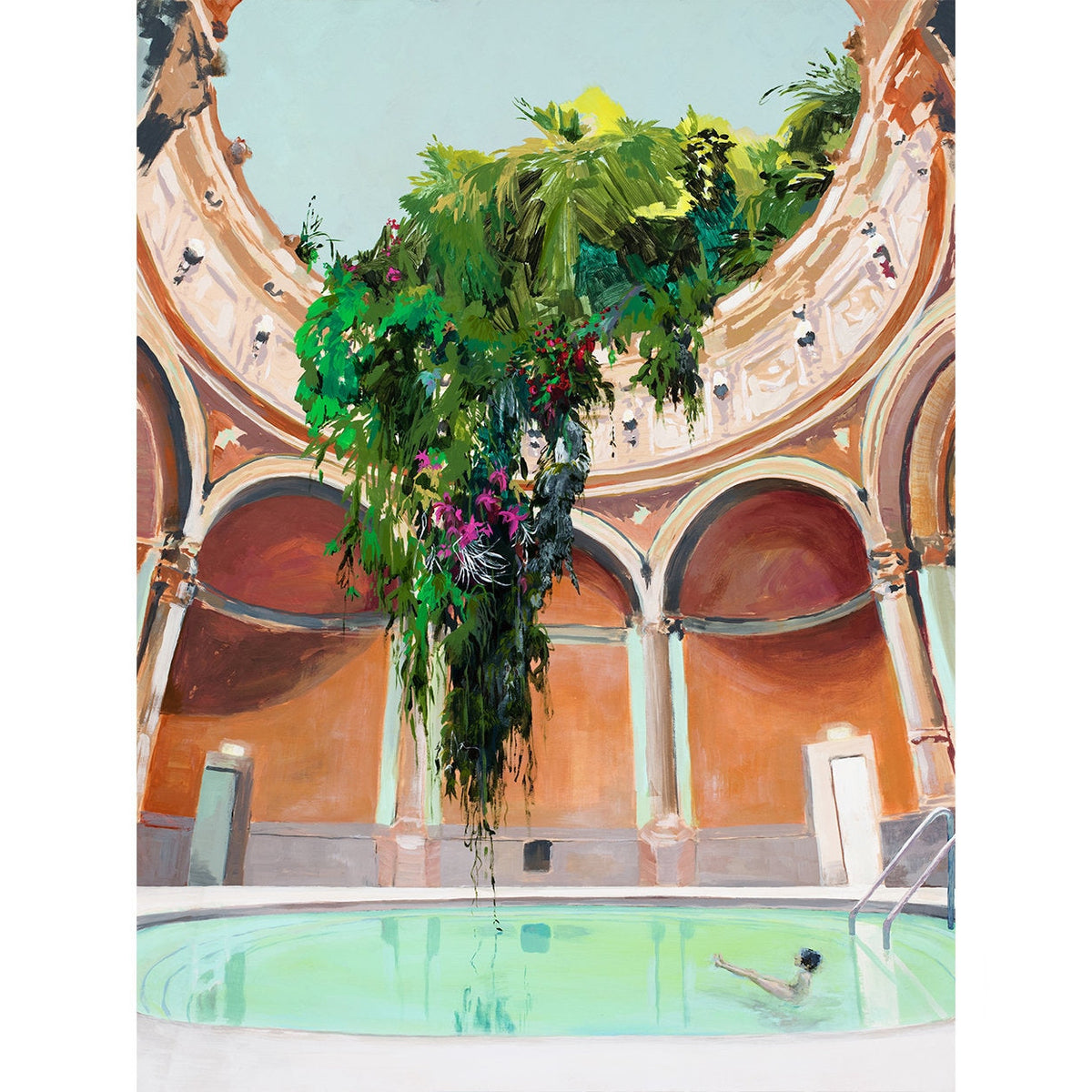 print showing an open dome with lush plants trailing down from the roof to a light clear pool with a tiny naked figure swimming.