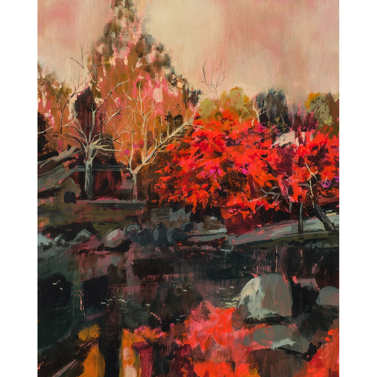 done in dark grey and red, this landscape is vivid and stark.
