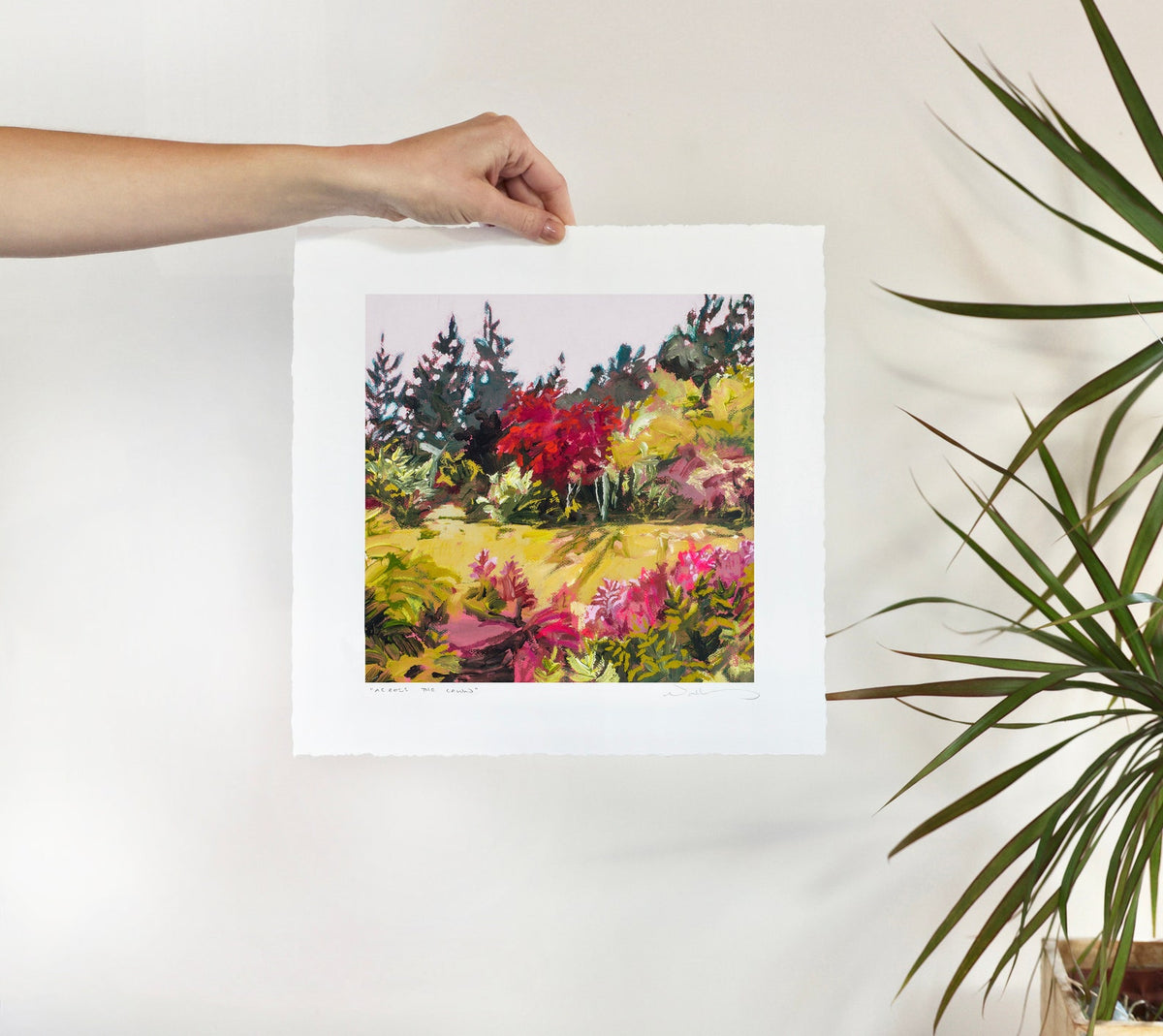 print held in hand against a white wall with green plants.