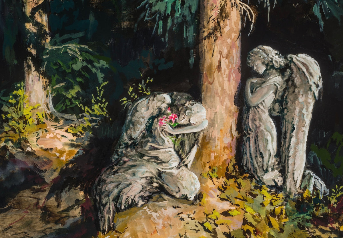 close up of stone statues, grey and chiseled with angel wings and robes. One collapsed into tree holds pink flowers.