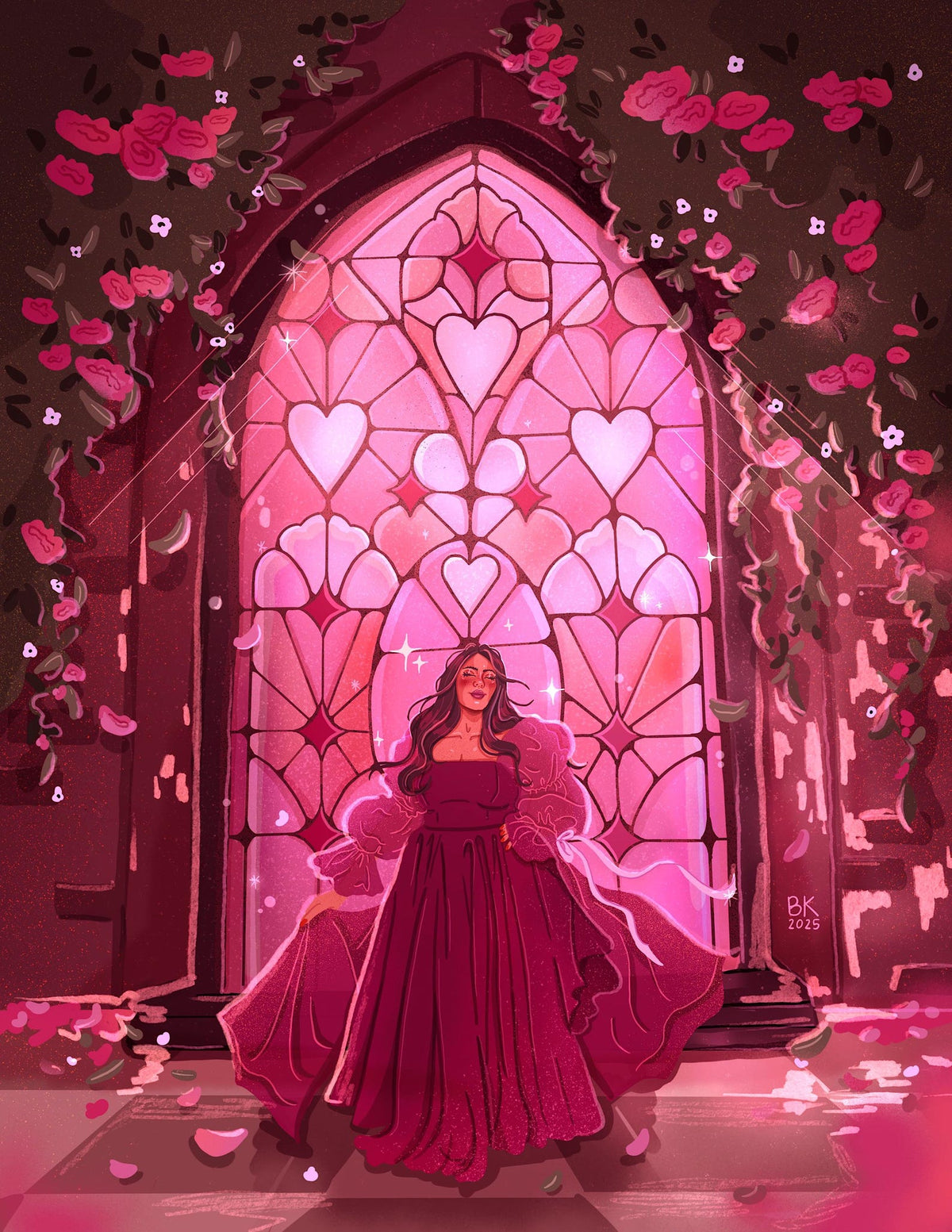 a print featuring a brunette woman in a hot pink flowy gown in front of a floor length pink stained glass window with rose bushes and vines framing the window