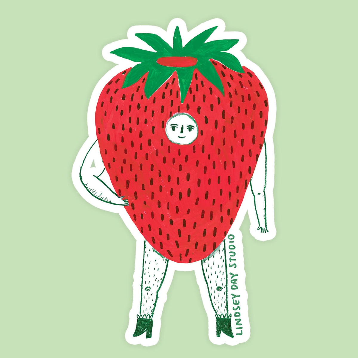 Red strawberry with a face, arms and legs.