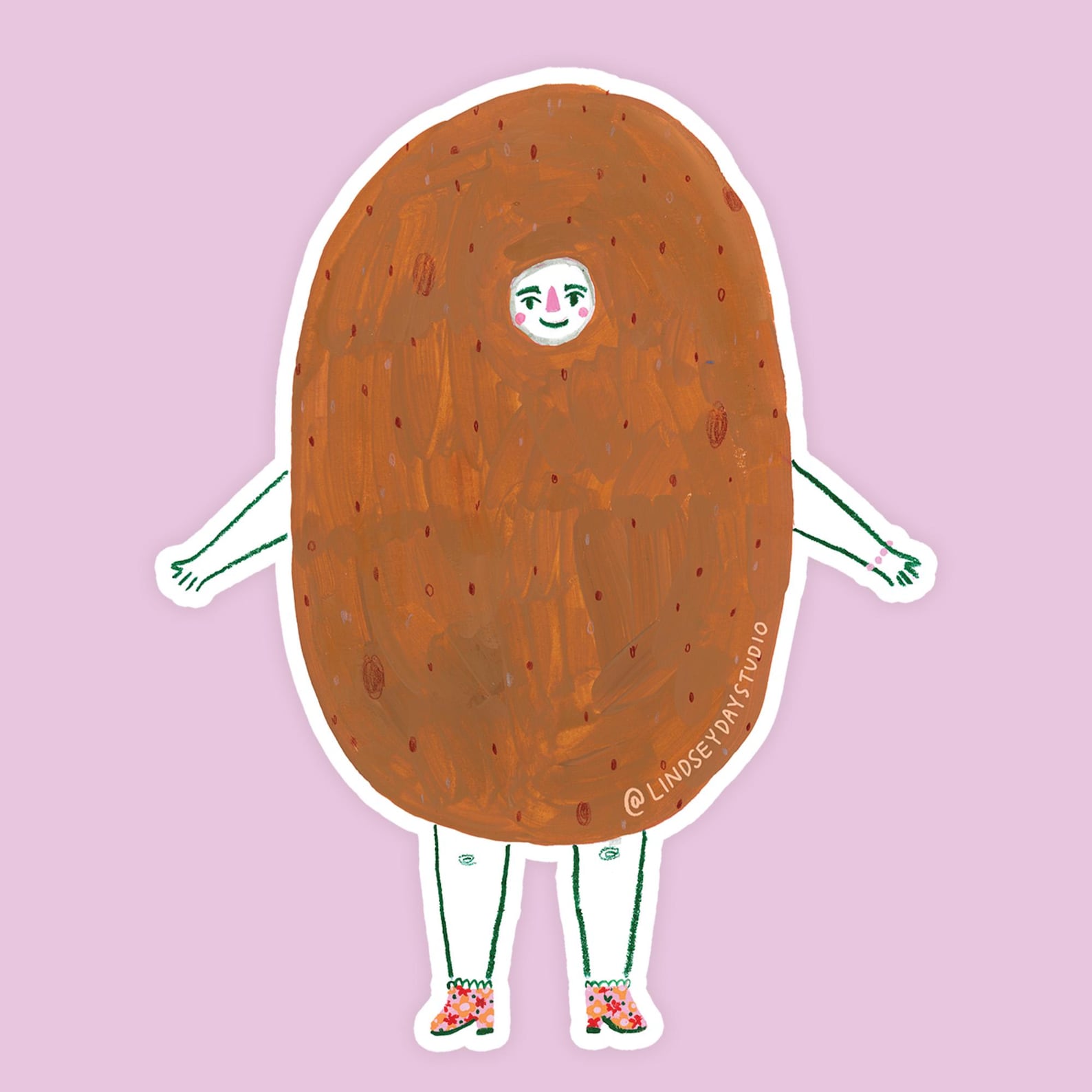 Round brown potato with a face, arms and legs.