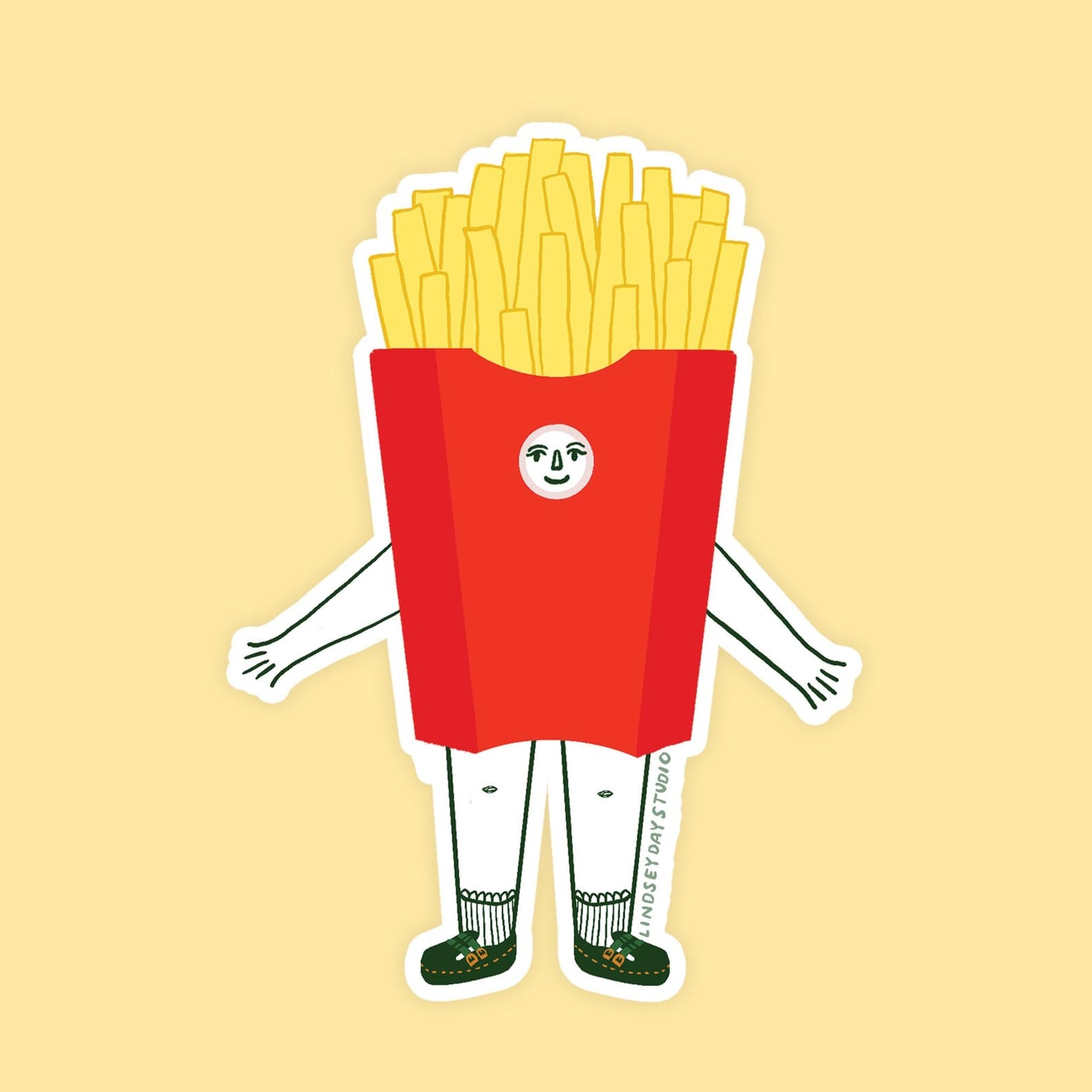 French fries in a red carton, with a face, arms and legs.