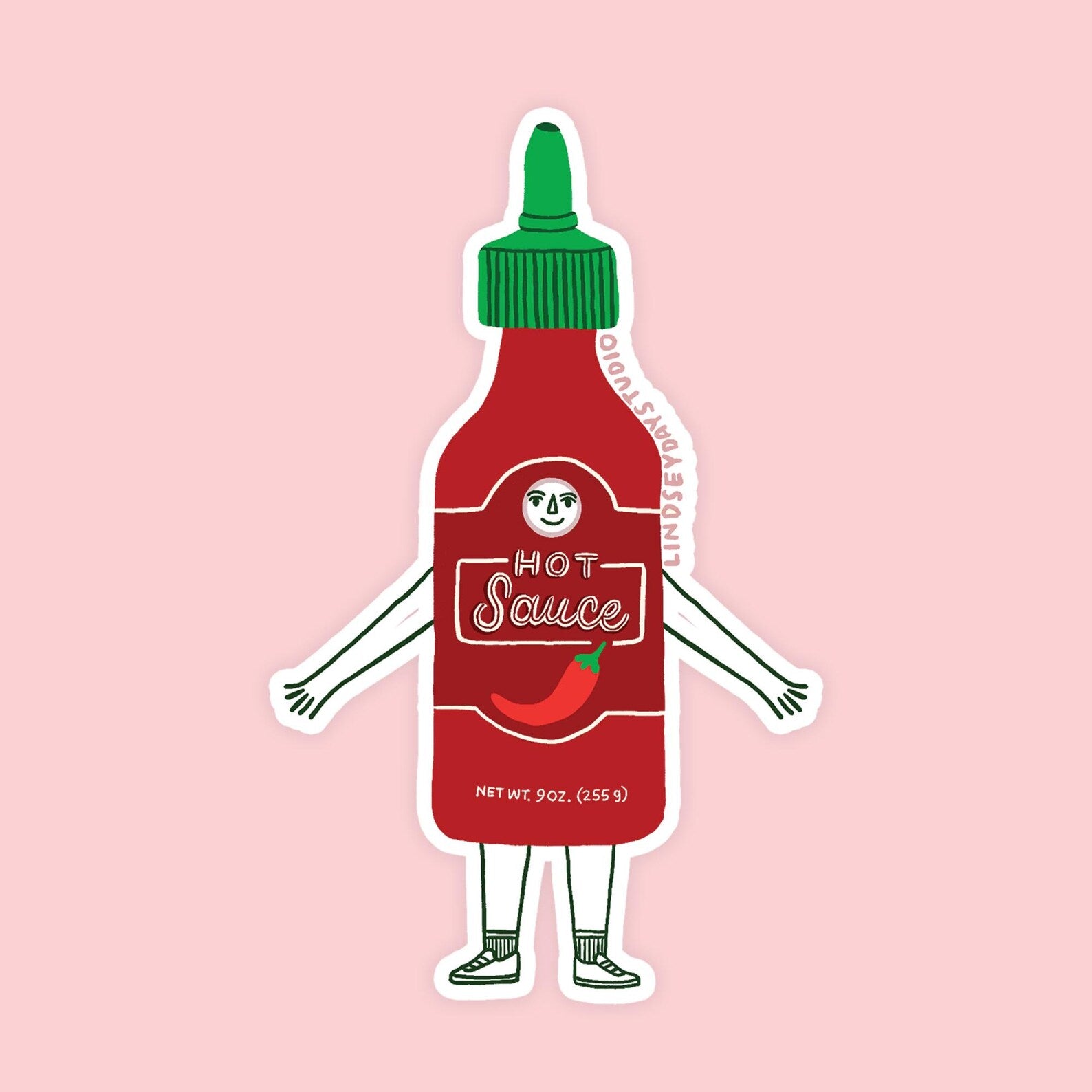 Hot sauce bottle with a green lid, a face, arms and legs.