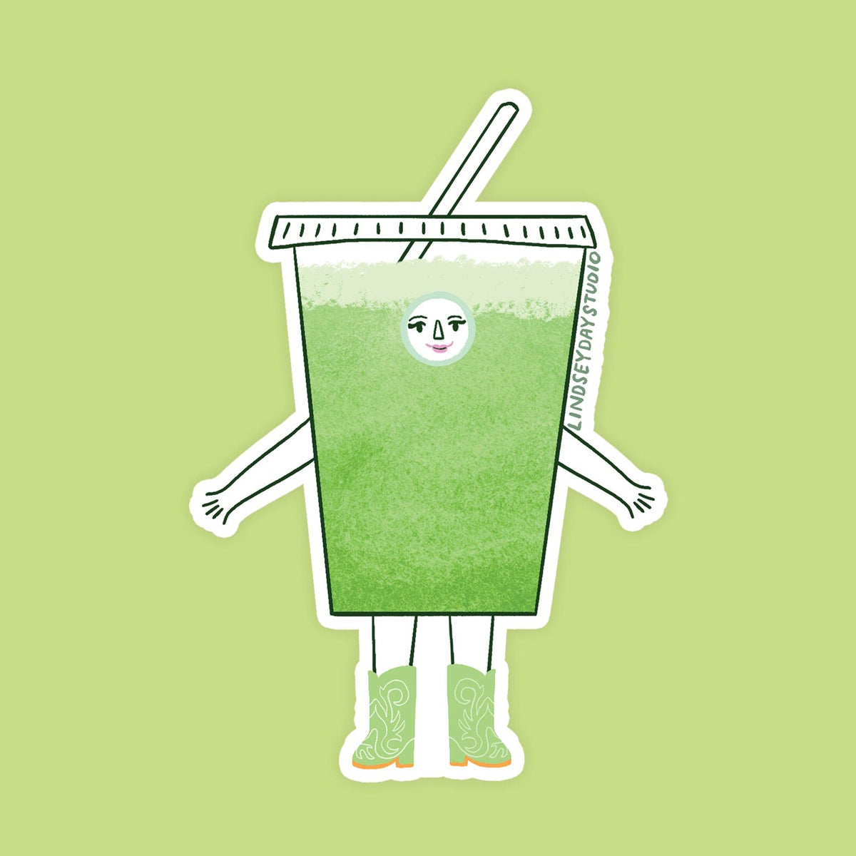 Sticker of green matcha sticker in plastic cup with a face, arms and legs.