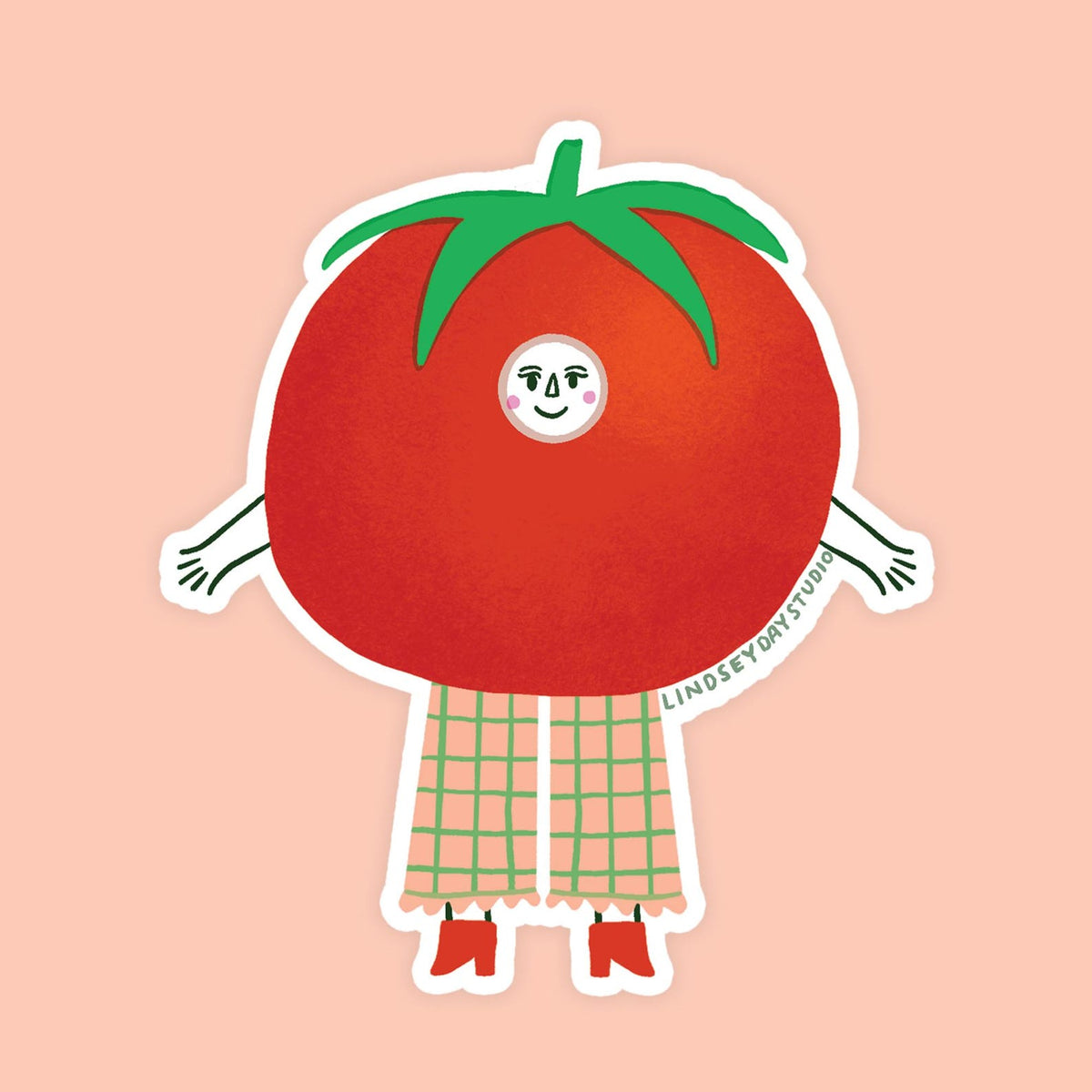 Tomato sticker with a face, arms and legs.