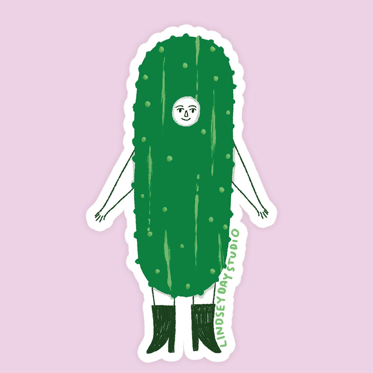 Bumpy green pickle with a face, arms and legs.
