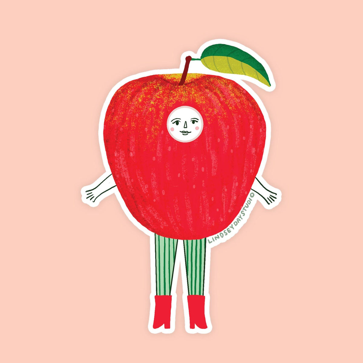 Red apple with a little leaf, a face, arms and legs.