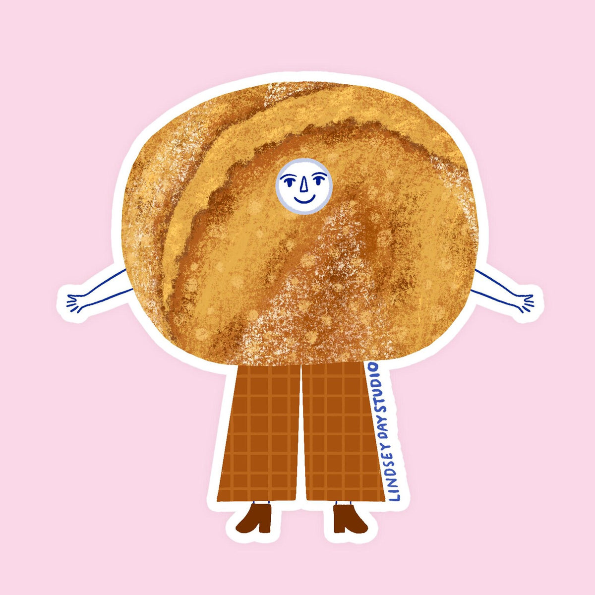 Loaf of bread with a face, arms, and legs.