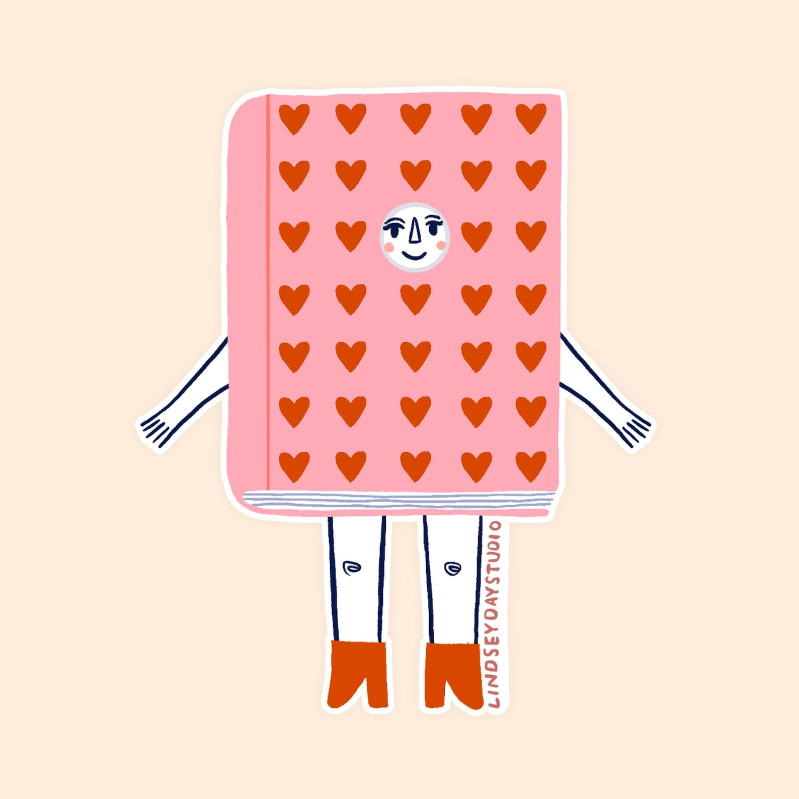 Pink book with hearts. Has face, arms and legs.