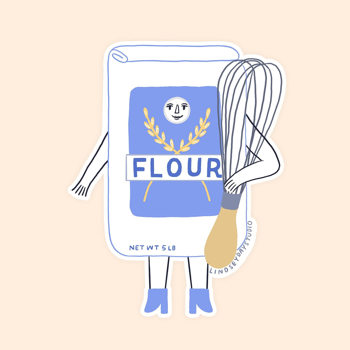 White bag of flour with a blue label. Has a face, legs, and arms holding a whisk.