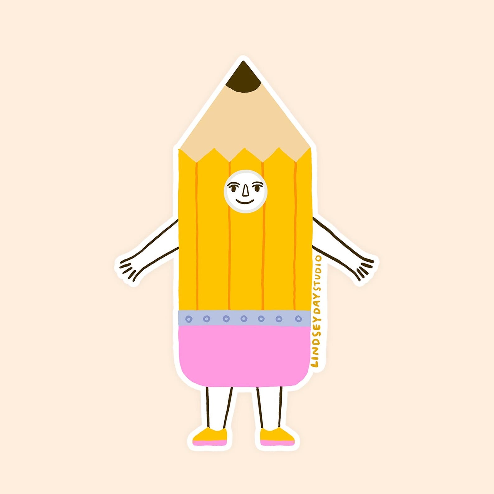 Yellow pencil with a pink eraser, arms, legs, and a face.